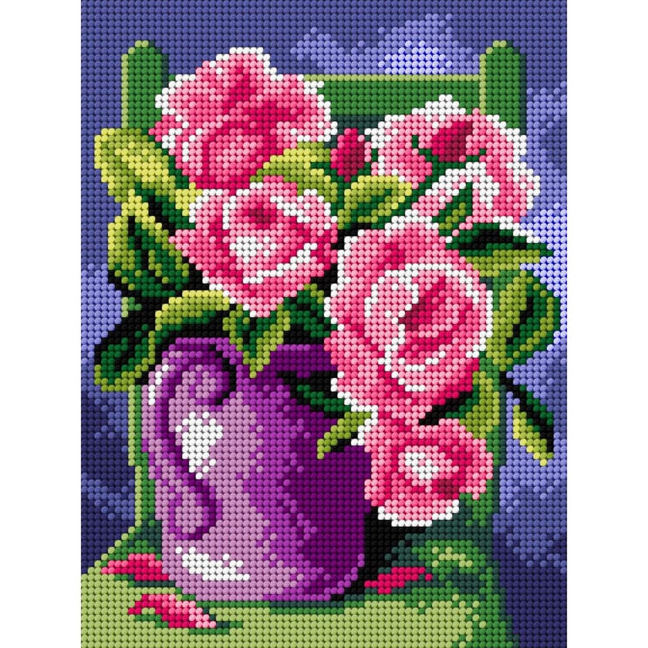 Orchidea Needlepoint Canvas For Halfstitch Without Yarn Roses In A Purple Jug - Printed Tapestry Canvas